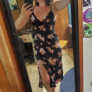 Black with pink flowers form fitting sun dress midi dress